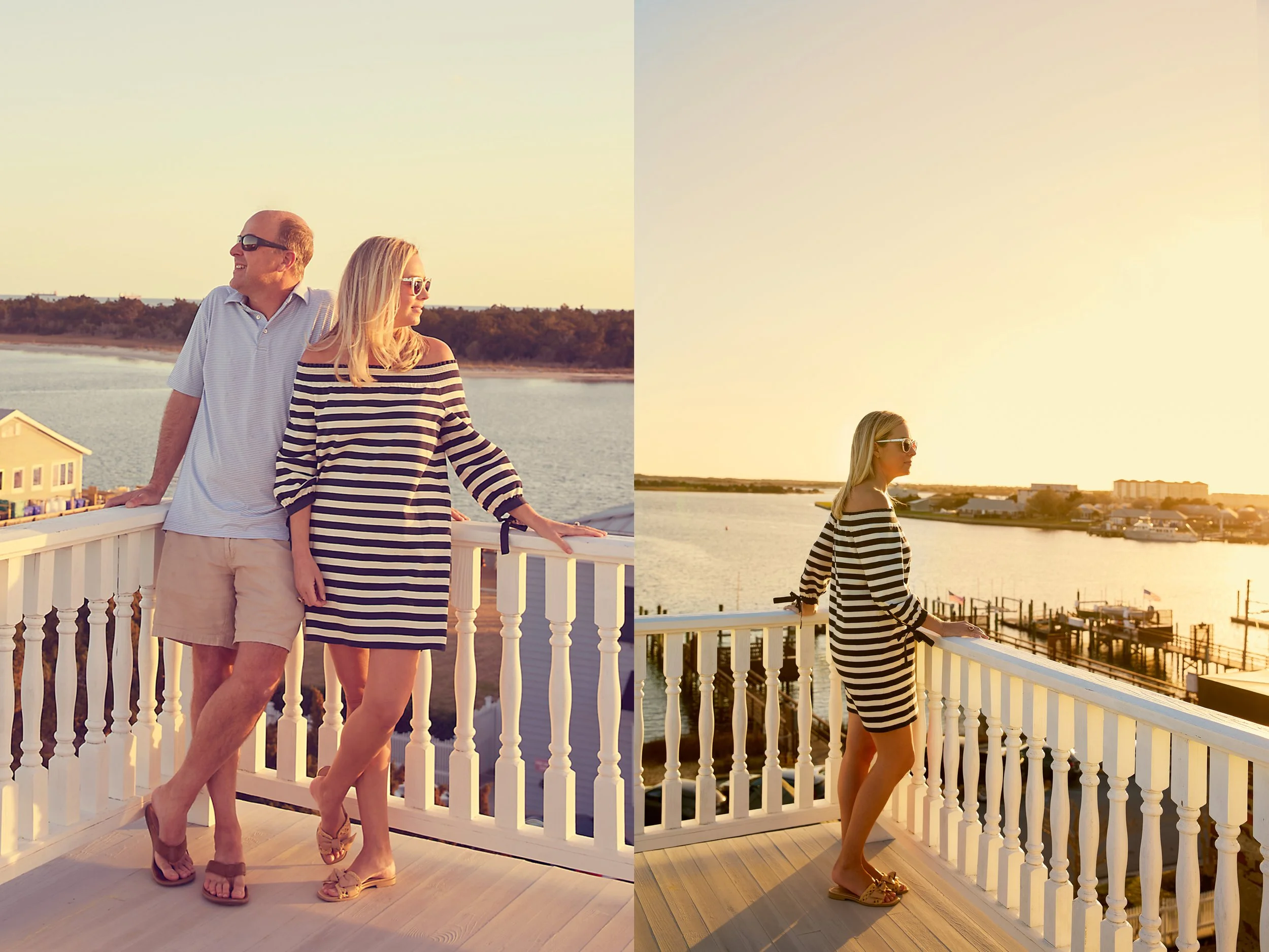 Right: Kristy Woodson Harvey with her husband on their widow's walk at sunset. Right: Author Kristy Woodson Harvey standing on her widow's walk at sunset. ©Stacey Van Berkel