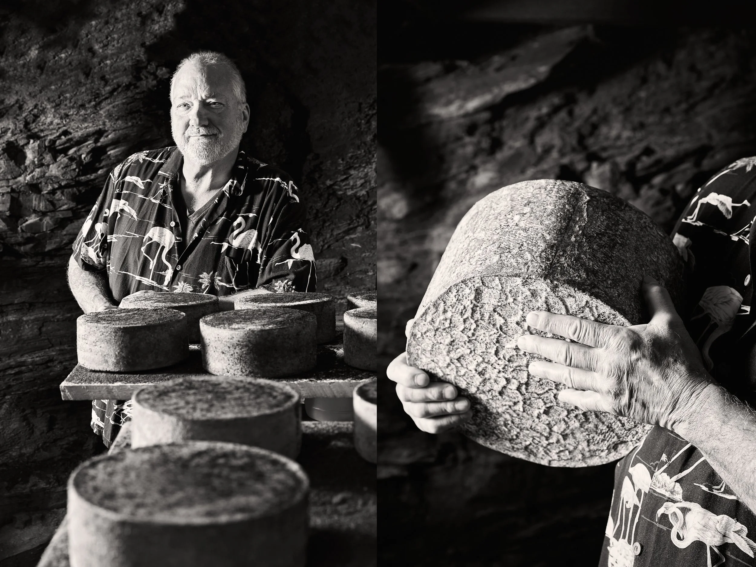 A dramatic portrait of Victor Chiarizia of Blue Ridge Mountain Creamery in his cheese cave. He has the only cheese cave in North Carolina. A photo of Victor holding a large wheel of cheese. Photos by Stacey Van Berkel