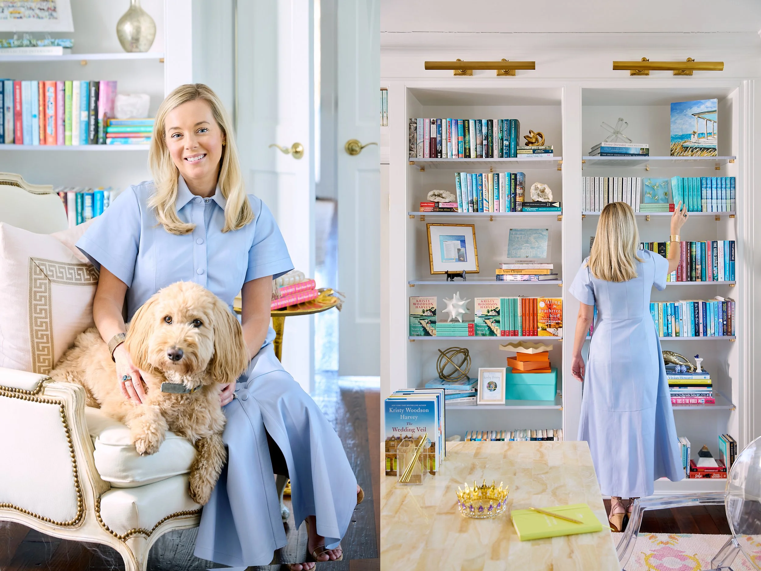 a portrait of Kristy of New York Times best-selling author Kristy Woodson Harvey in her historic Beaufort home. Left photos shows her sitting in her office with her dog Salt. The right photo she is pulling a book off her bookshelf.