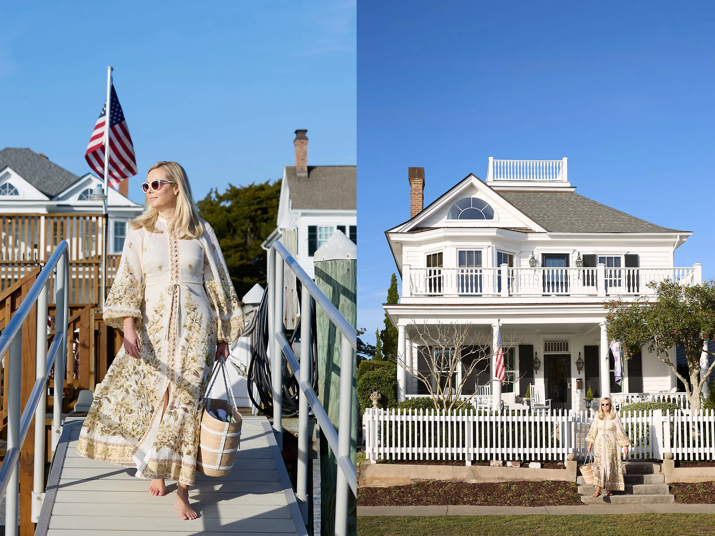 Author Kristy Woodson Harvey walking down to the dock near her Beaufort, NC home, R. Kristy walking out of the gate of her Beaufort home. ©Stacey Van Berkel