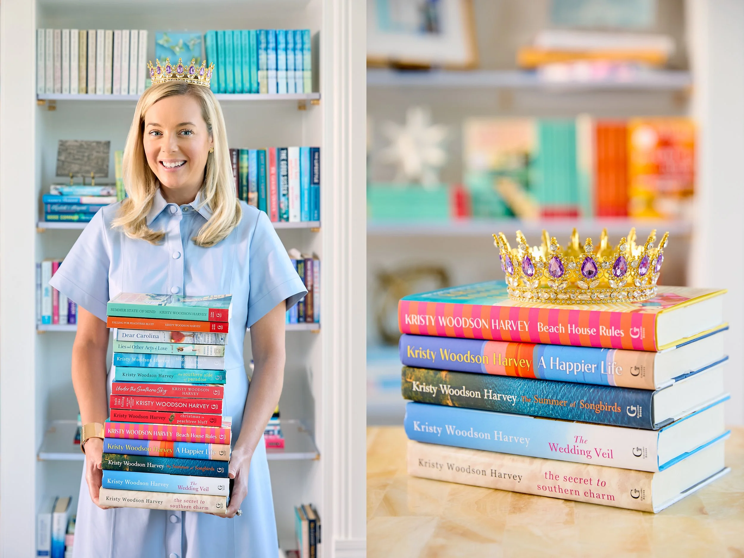 Author Kristy Woodson Harvey holding her 14 books with a crown. Some have called her the Queen of Beach Lit.