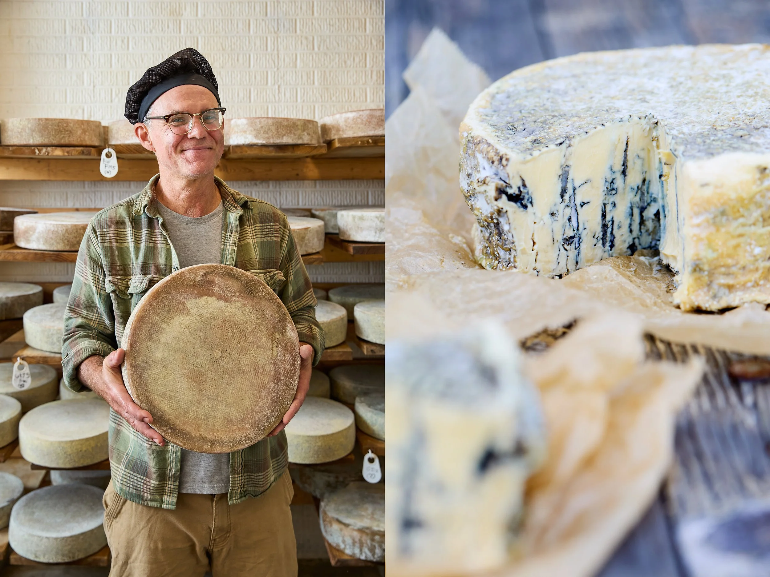 Diptych: Left, Looking Glass Creamery owner, Doyle "Andy" Perkins holding a large wheel off cheese with rows of cheese wheels in the background. Right, a close up shot of a wheel of blue cheese with a wedge cut out. Photos by Stacey Van Berkel.