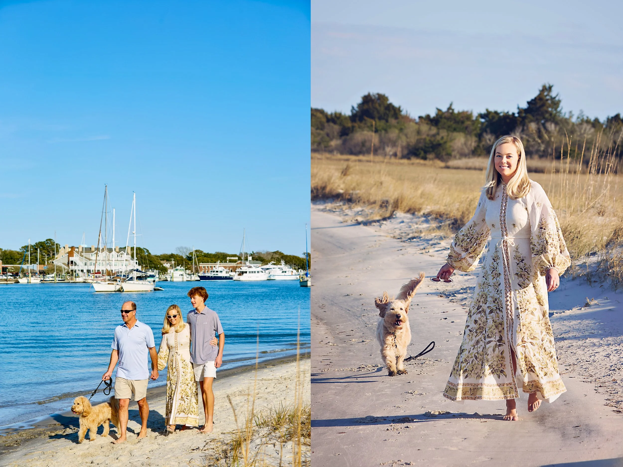 Left: Author Kristy Woodson Harvey with her family and dog on the beach near Beaufort, NC. Right: Kristy walking down the beach with her dog Salt running behind.