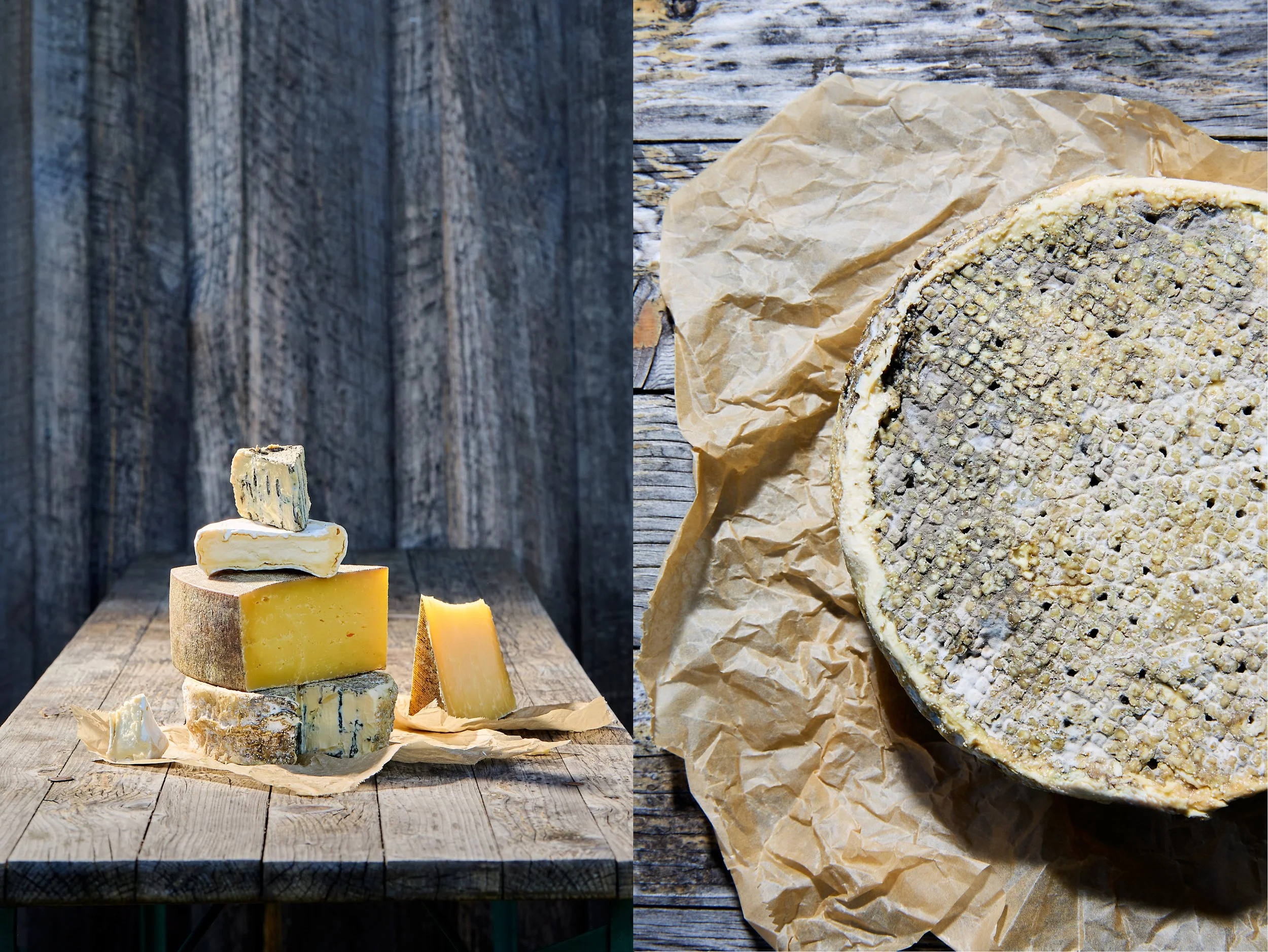 A diptych:  On the left is a stack of various cheeses on a wooden table and barn board background. On the right a round cheese on parchment paper. All cheese is from Looking Glass Creamery in North Carolina. Photos by Stac