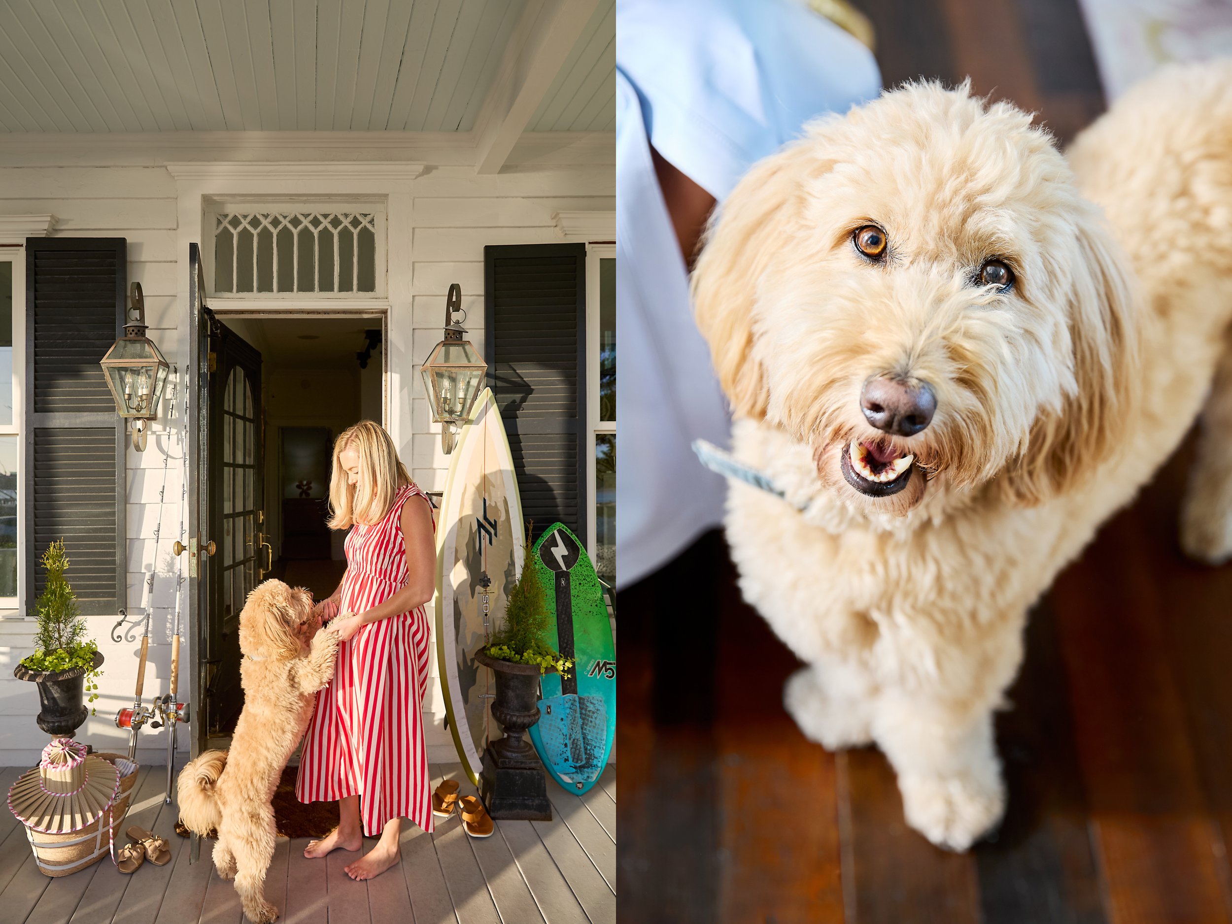 Author Kristy Woodson Harvey playing with her dog Salt on the front porch of her Beaufort home. ©Stacey Van Berkel