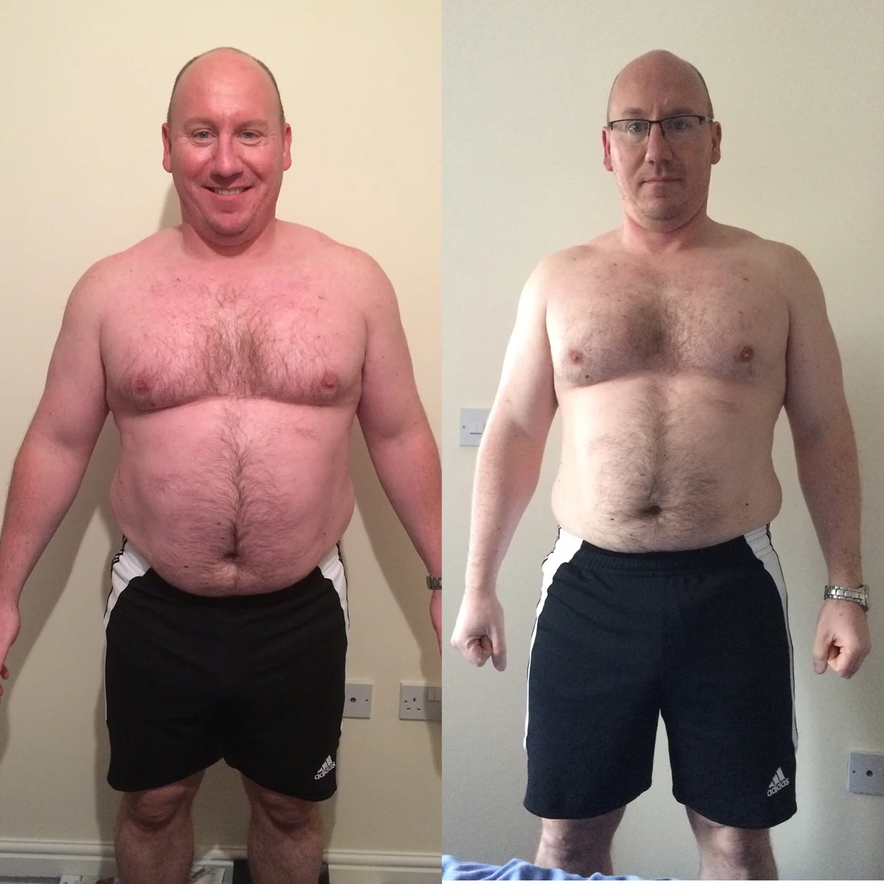 SEAN CAVANAGH "I started the New Year with a mission to lose weight as most people do, over the years I’ve tried most fads/training ideas etc and even several PT’s but never really had the results I wanted with them. I’m fortunate enough to train at UFB and so had seen Adam around (he’s hard to miss!) but what really sold me was when I saw the results he’d had with other clients on his web page, as soon as I saw that I knew I needed Adams help. My starting shape/size was similar to Brendan’s so I was hoping for Adam to do something similar with me. After an initial consultation where Adam finds out your current level of fitness etc and what you want to achieve, he then writes you a detailed bespoke Training and Nutrition plan covering each day. This is one of the major plus points of Adams training as it can be hard to keep the nutrition side on track and so having a detailed plan of what to eat helps so much with meal prep. Having a detailed training plan also gives you something to aim for and another benefit of Adams training is he gets you to focus on technique and also offers some great training videos if you are unsure about any exercises. Throughout the training Adam keeps things fresh by changing your routine at set periods so it doesn’t get stale and will also take any feedback and tweak the training accordingly. Adams knowledge and attention to detail spurred me on to complete my 12 week course (whereas in the past I would have given up after not seeing the results I wanted), and seeing the results in the mirror and on the scales each week just motivated me to push myself harder. I have just completed my 12 week program with Adam and have already signed up for more training, in the brief time I have been training with Adam I have seen such amazing results and have lost almost 2 stone already! I cannot recommend Adam highly enough and as can be seen from his website the results speak for themselves, whatever your goal is. I’m going to keep training with him until I can beat him in an arm wrestle or I get to retirement age (I’m 42), I’m pretty sure how this will end up though!"