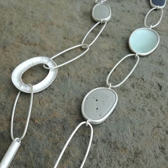 A couple of necklaces for today's #artistssupportpledge made up of varying components - pebbles, enamel and silver. The necklace in image 1&amp; 2 is 19 inches and the necklace in image 3 (*sold) is just over 20 inches long. &pound;200 each + &pound;
