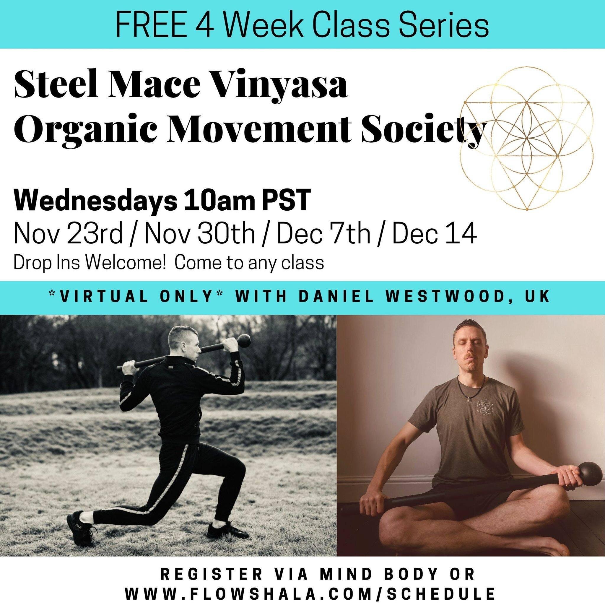 ❗️❗️Free Class Alert 👇⁣
⁣
💻*Virtual Only* - Our Newest Steel Mace Vinyasa Coach, Daniel Westwood @the_organic_movement_society teaching from London, UK - This class is an exploration of movement, strength, discipline, and flow. Using both steel mac