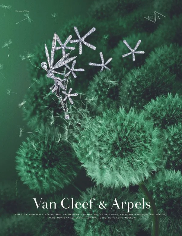 Cover of Van Cleef & Arpels jewelry catalog featuring green dandelions with a silver flower-shaped jewelry piece and stars on a green background.