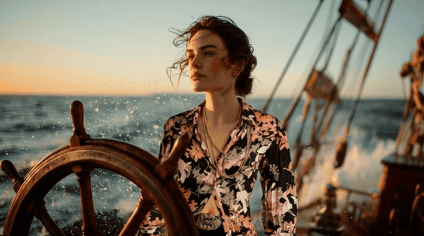 A woman with wavy hair stands on a boat at sea during sunset, holding the ship's wheel and gazing into the distance.