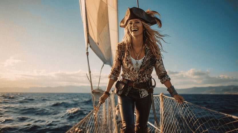 A woman sailing on a boat on the water, smiling and enjoying the wind, wearing a hat and casual clothes.