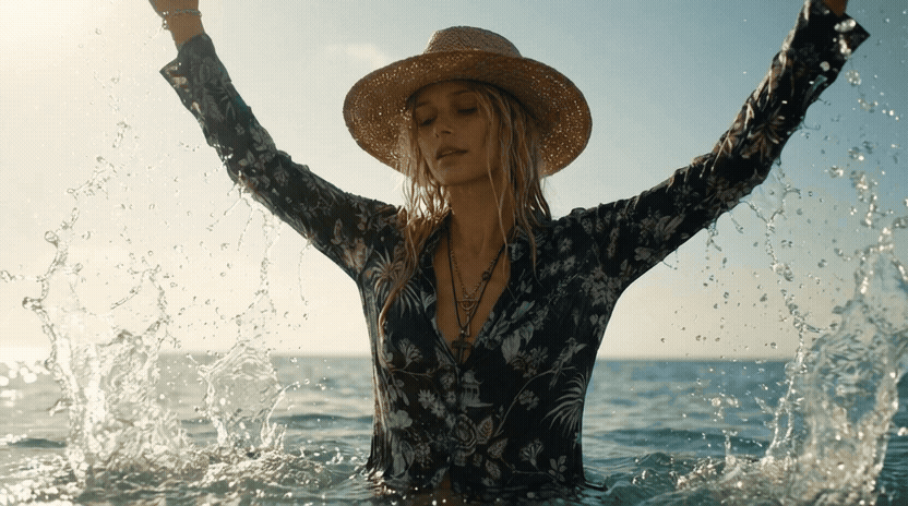 A woman wearing a straw hat and a floral shirt standing in the ocean with her arms raised, splashing water around her.