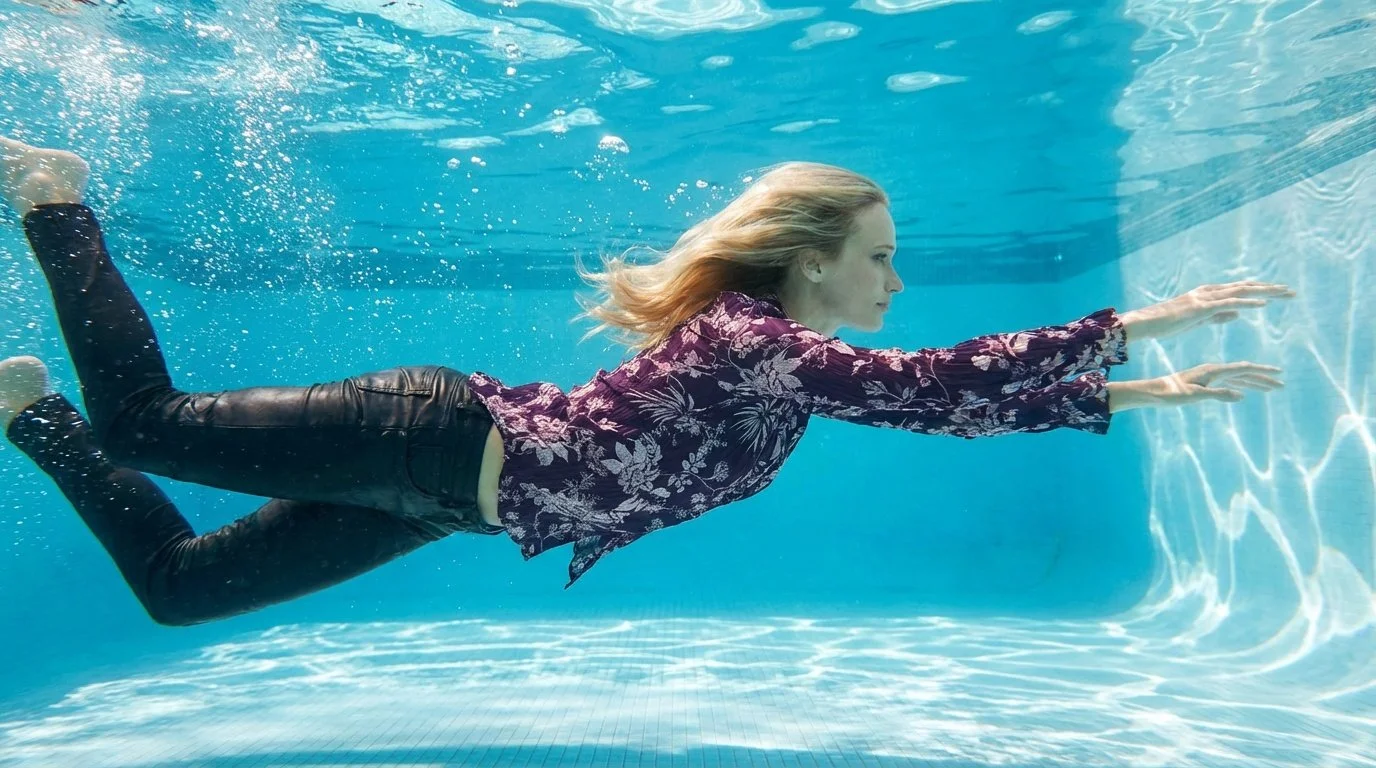 A woman swimming underwater in a pool, wearing a floral blouse and black leather pants.