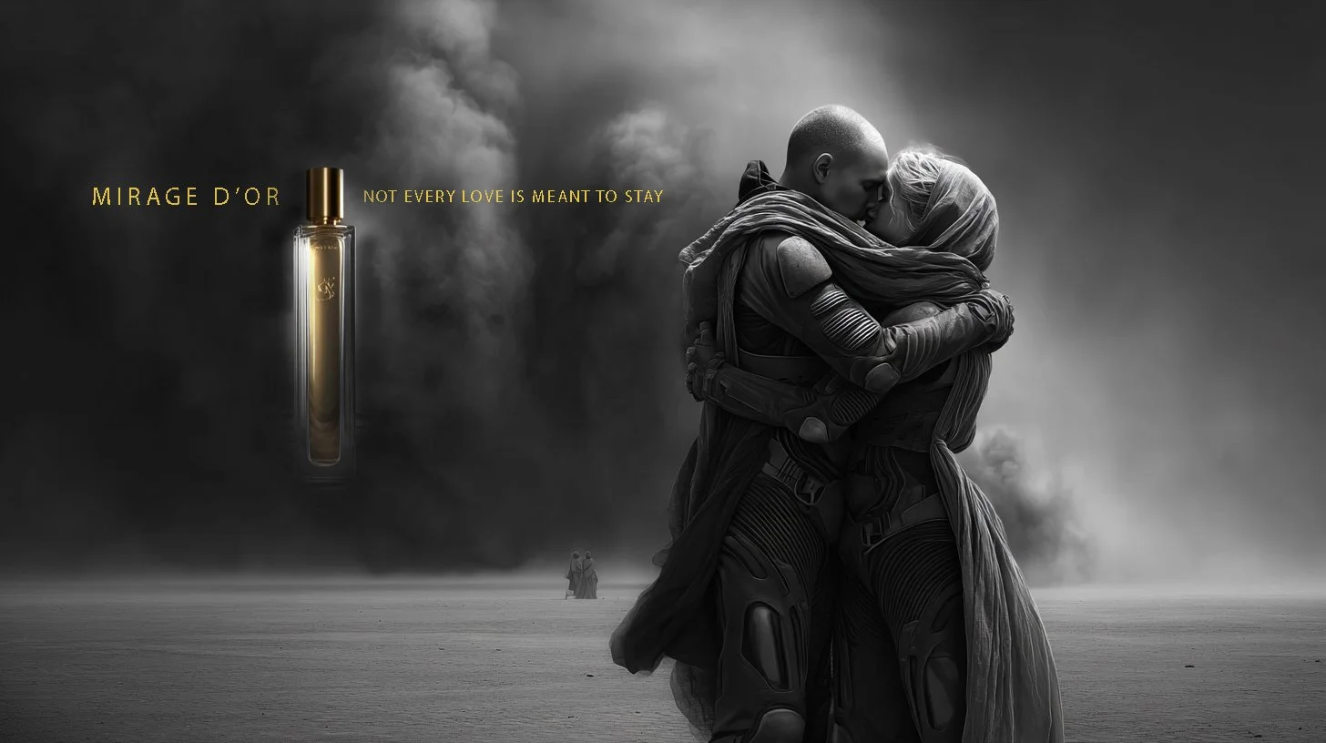 A promotional image for Mirage D'or perfume featuring a black-and-white scene of two people hugging in a desolate landscape with dark clouds. A perfume bottle is illustrated to the left with the tagline 'Not every love is meant to stay' above it.