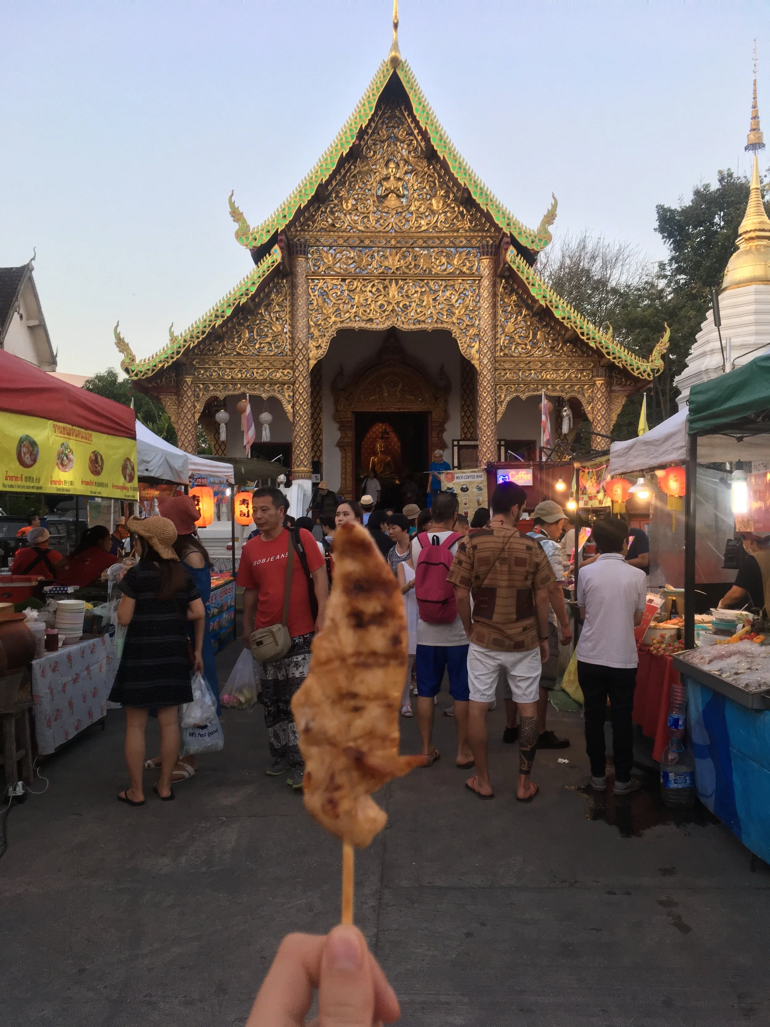 Grilled chicken on a stick -&nbsp;10 BAHT = $0.32 USD