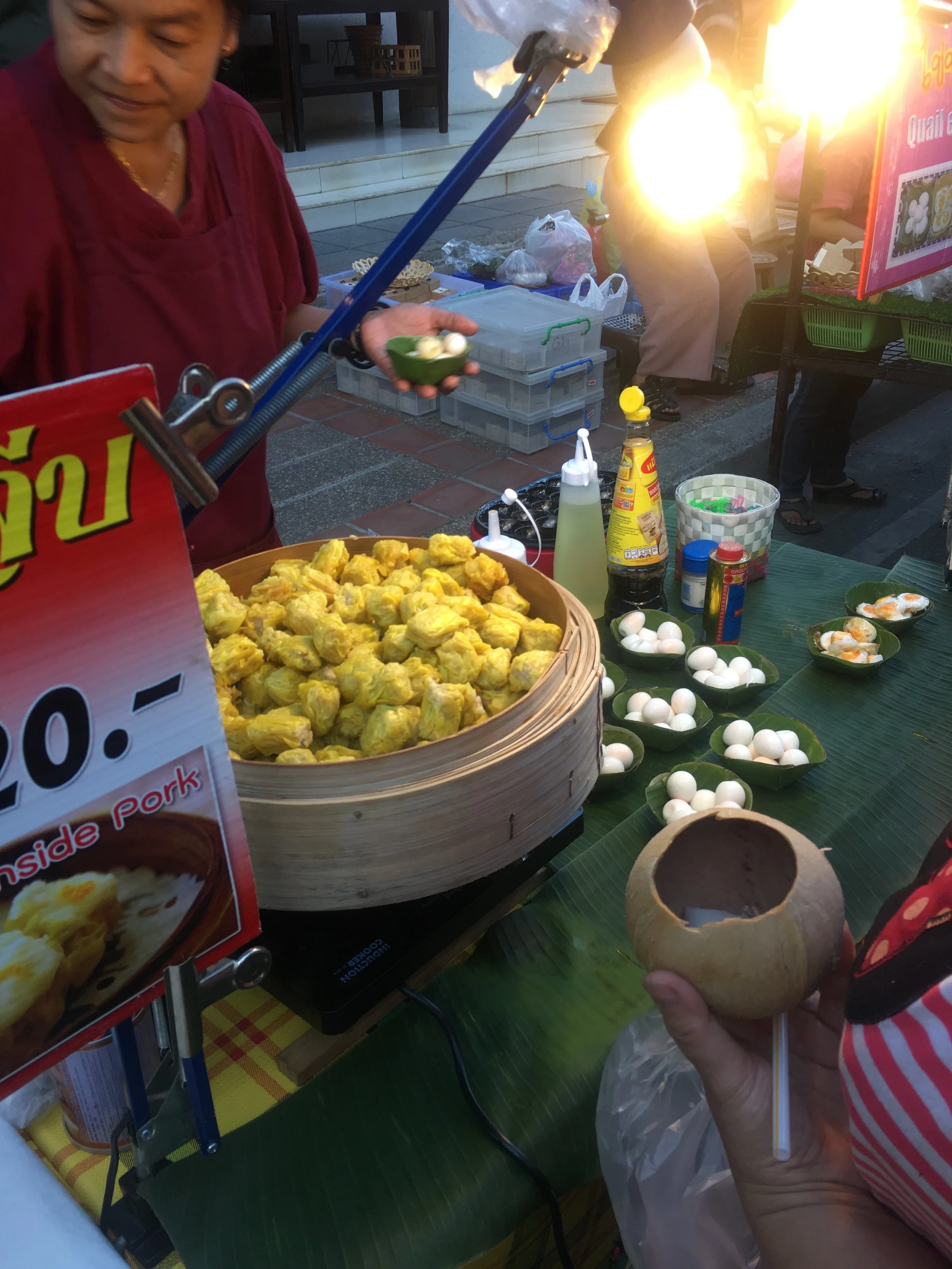 Dim Sum... one of my favorites. You got 8 pork filled dumplings for 20 BAHT = $0.64 USD.&nbsp;