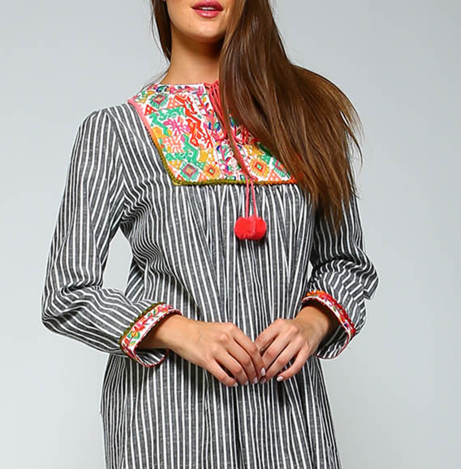Velzera Black Striped Boho Vintage Embroidered Tunic  Morrell's Armoire