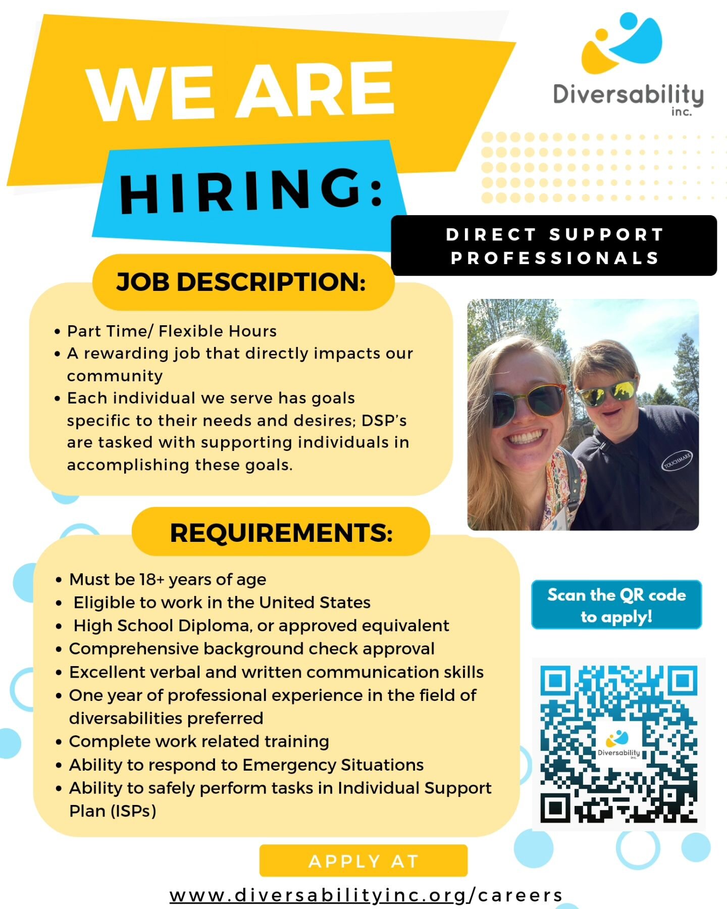 We're hiring! We are looking for dedicated DSPs to join our team!

Benefits include:
$20/hr, part-time flexible hours, paid holidays, and more !