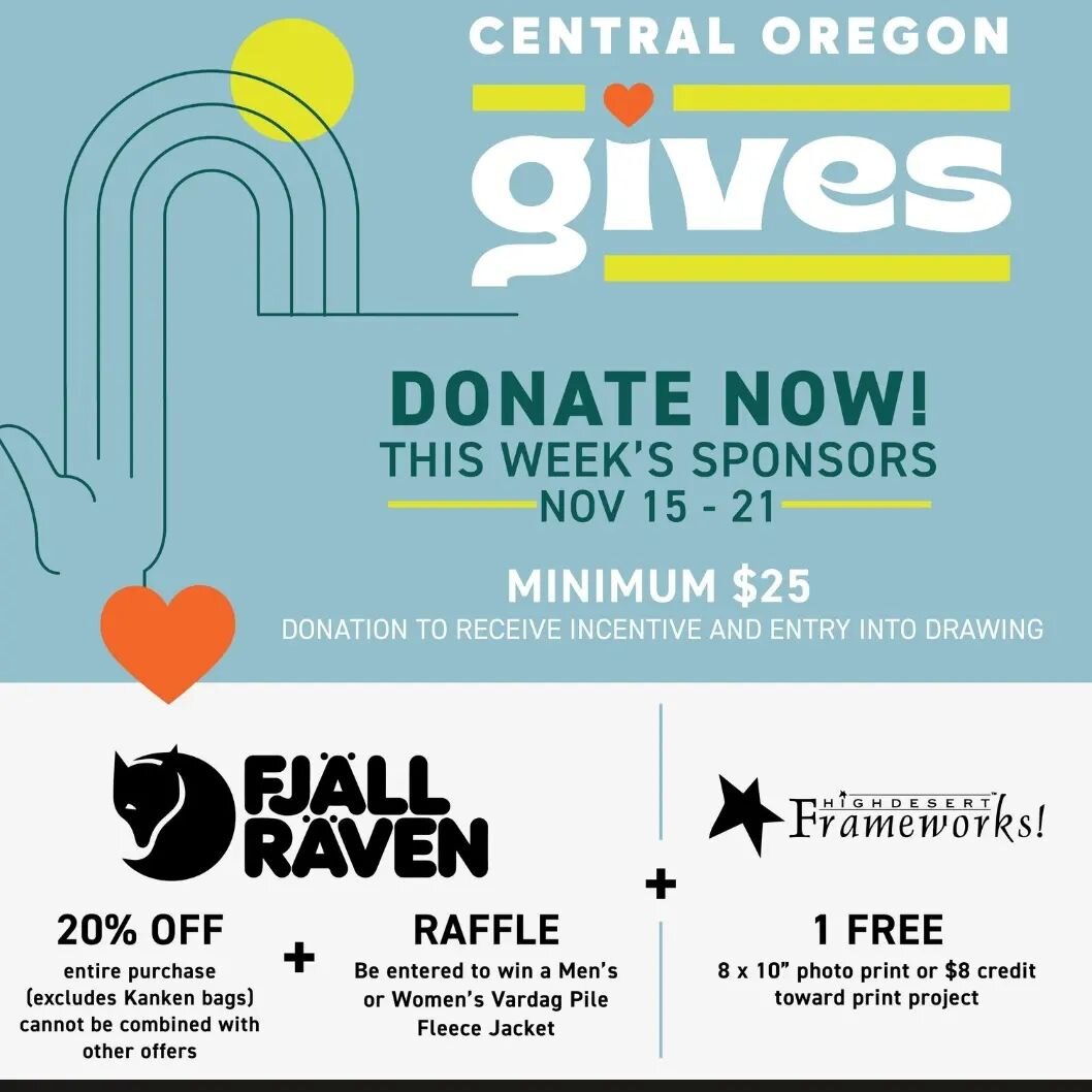 Week 2: 
20% off at @bendfjallraven and 1 free 8x10 print from @highdesertframeworks 

Help us reach our goal of raising $5,000!!