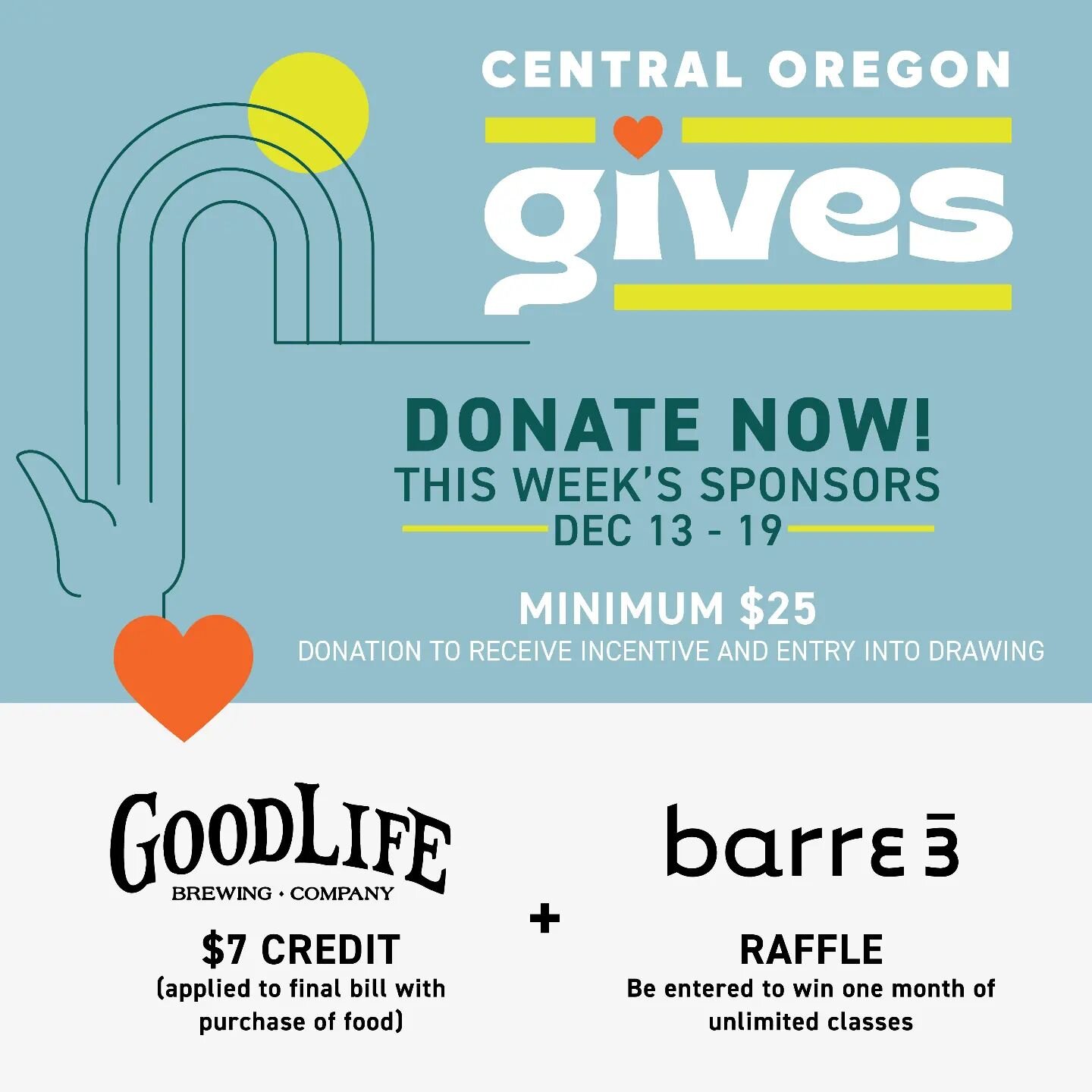 It's Week 6 of the Central Oregon Gives Campaign!
Help us reach our goal of raising $3,000.

If you donate $25 or more, you will receive the incentives above!