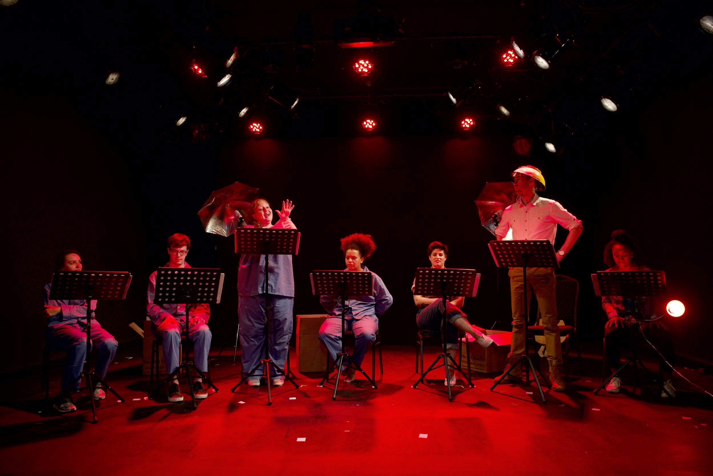  A gorgeous and fun tech rehearsal with, left to right, Angela Bilkic, Robert Leverett, Elyse Steingold, Ruby Hurlock, Cristina Henriquez, John Racioppo, Alicia Thomas 