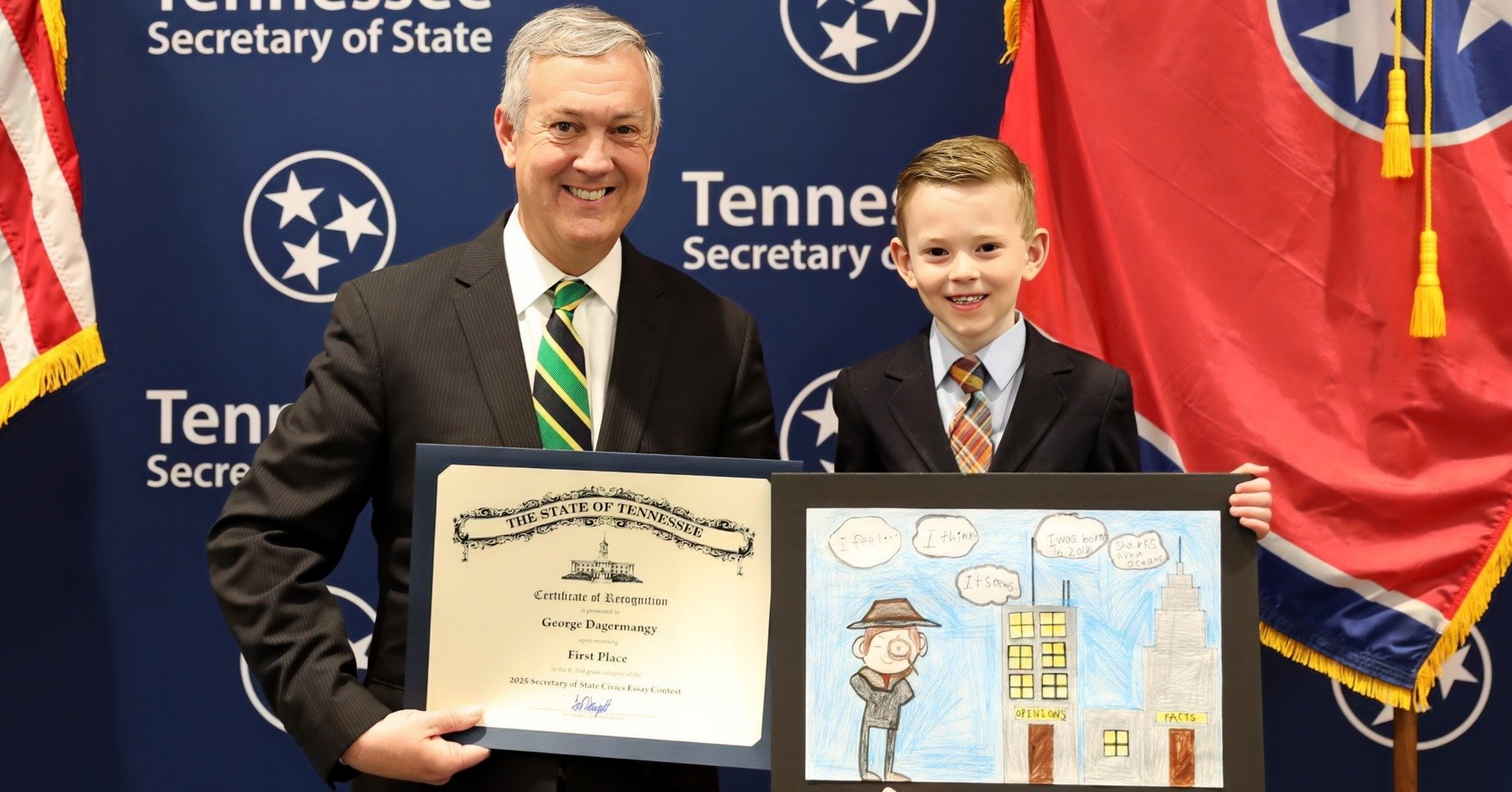 CONGRATULATIONS TO OUR VERY OWN, GEORGE DAGERMANGY, winner of the statewide 2025 Civics Essay Contest. George placed first in the K-2nd Grade category. George got to visit the State Capitol to receive his award for his winning essay. He also earned T