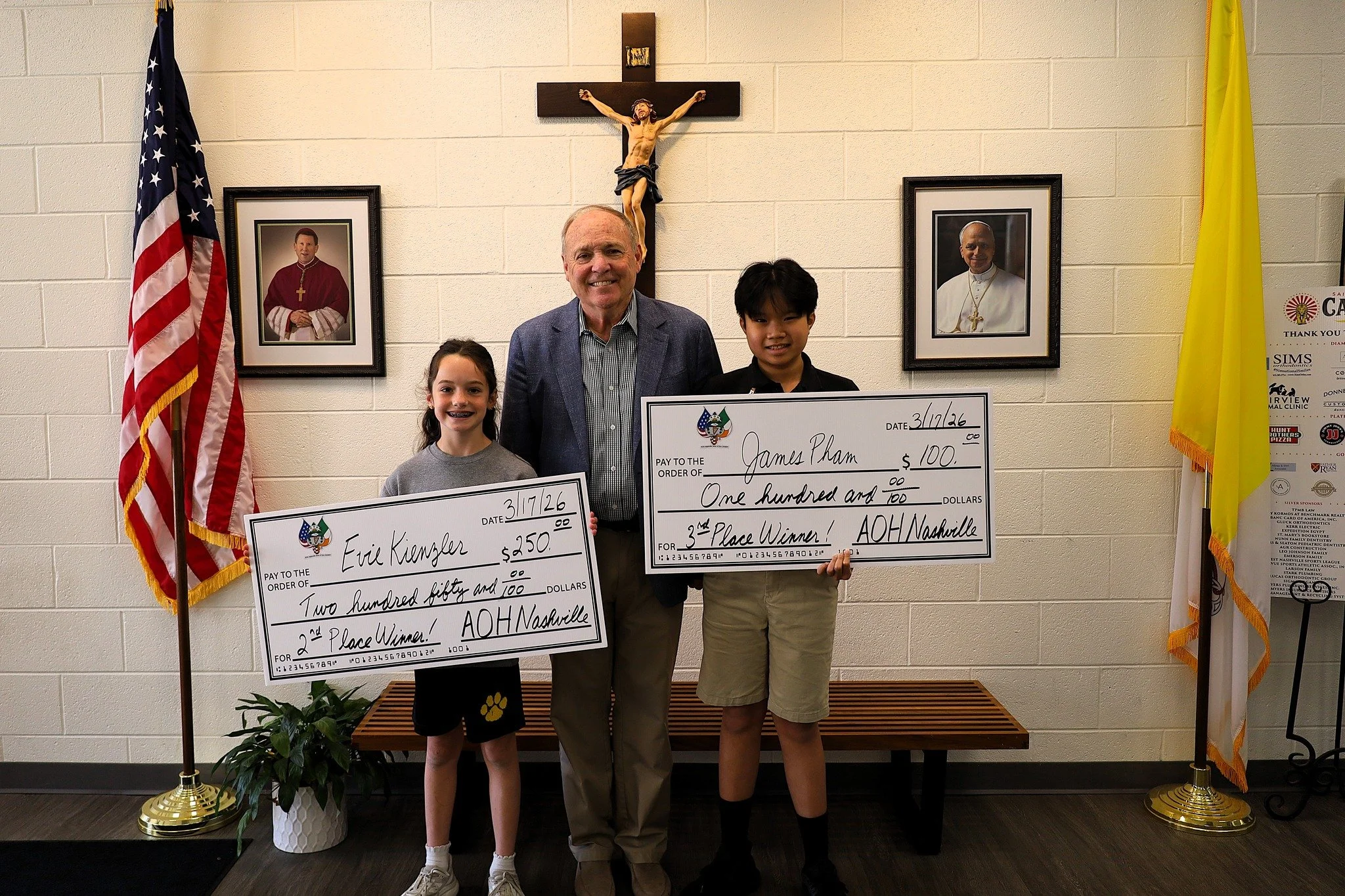 Congratulations to Evie Kienzler and James Pham! Evie earned 2nd place in the 2nd grade division and James took 3rd place in the 6th grade division of the St. Patrick&rsquo;s Essay and Illustration Contest hosted by the Ancient Order of Hibernians, w