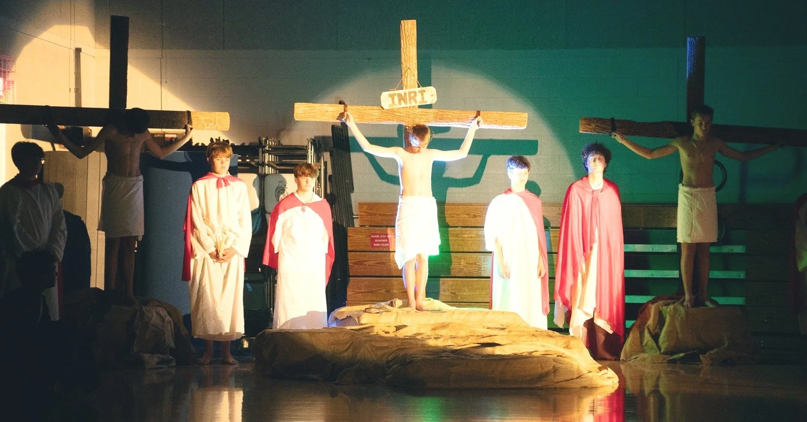 "For Christ also suffered for sins once for all, the righteous for the unrighteous, that he might bring you to God. Put to death in the flesh, he was brought to life in the spirit." 1 Peter 3:18 (photo taken at our 8th grader's Passion Play