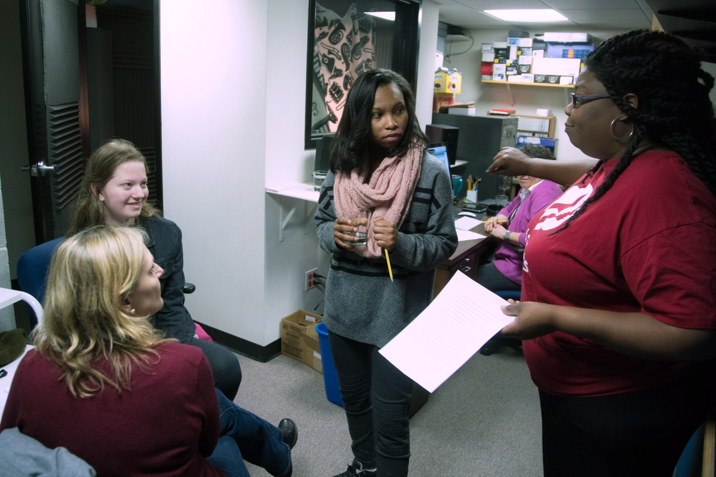  Julia Bachrach with high school students Aela Morris and Chloe Grace in preparation for interview on Fox News, 2016. 