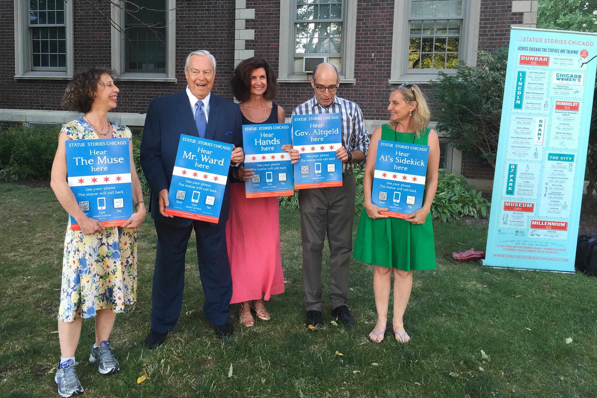 Statue Stories Chicago public launch party with featured guests who helped make some of the statues speak. From left to right: Collette Hiller, Bill Kurtis, Blue Balliett, Geoffrey Baer and Julia Bachrach. (Julia wrote the monolugue for the Alexander von Humboldt statue and served as Chicago Park District liaison this Driehaus Foundation-funded project), 2016.