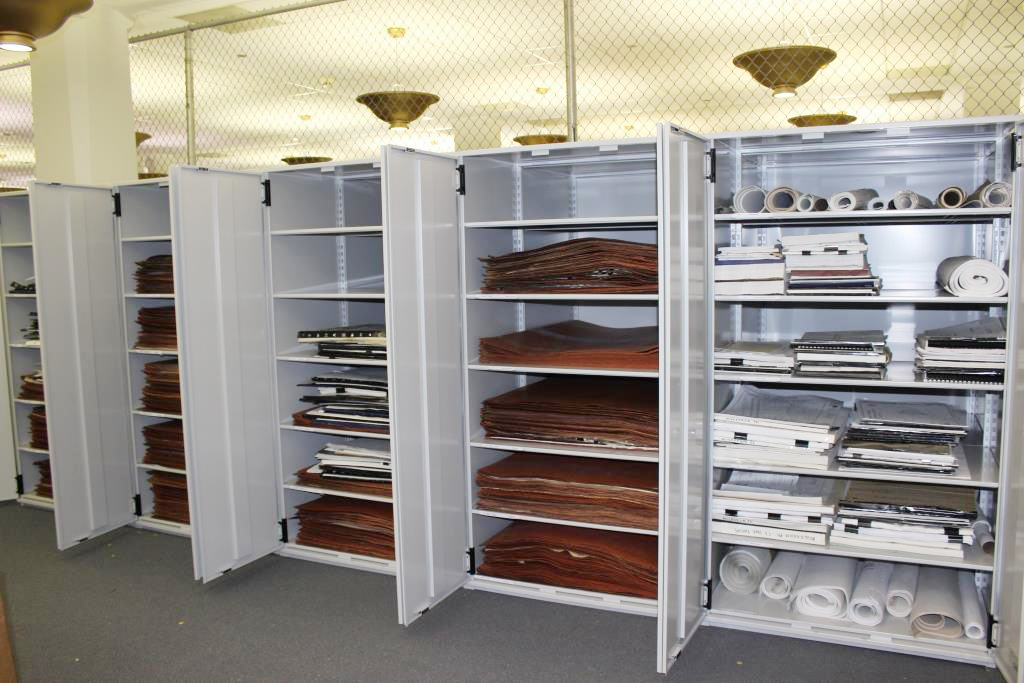 Storage shelving for historic plans and drawings at Harold Washington Library, 2014.