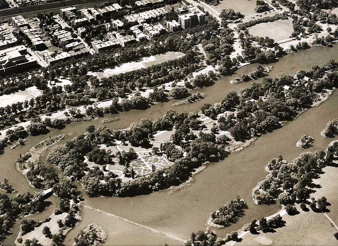 Aerial view of Jackson Park’s Wooded Island and Surrounding Landscape, ca. 1935. Chicago Park District Records: Photographs, Special Collections, Chicago Public Library.
