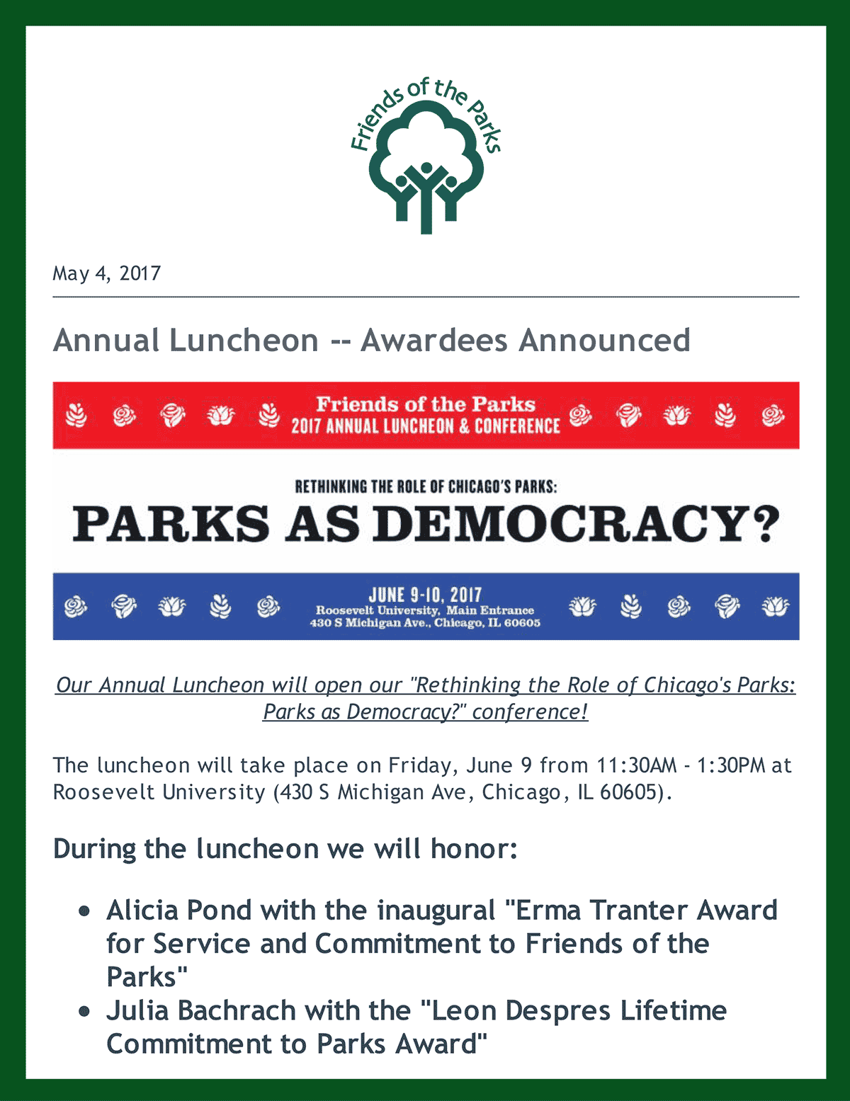 Friends of the Parks Annual Conference Awardees Announcement, May 4, 2017