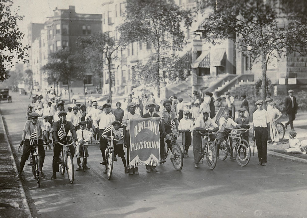 Bicyclists from Oakland Playground (a non-extant municipal park at 40th and Langley Streets) ca. 1925, Chicago Park District Records: Photographs, Special Collections, Chicago Public Library.