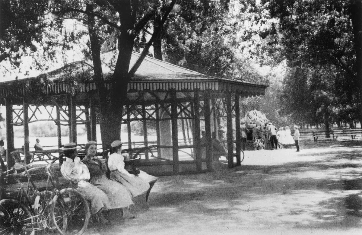 Ladies and their bicycles near the Rustic Shelter in Lincoln Park, from the Report of the Commissioners and A History of Lincoln Park, 1899, by I.J. Bryan.