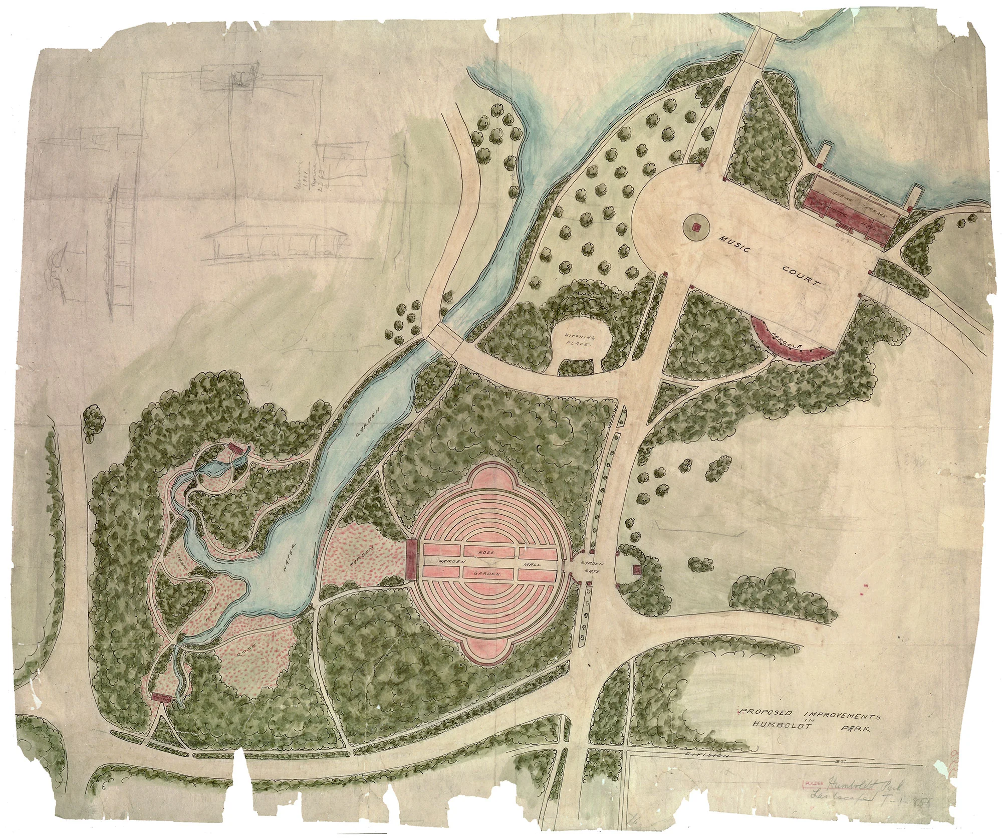 Jensen’s Plan of Proposed Improvements to Humboldt Park included Prairie River, a music court and boat house, and the circular Formal Garden. 1907, Chicago Park District Records: Drawings, Special Collections, Chicago Public Library.