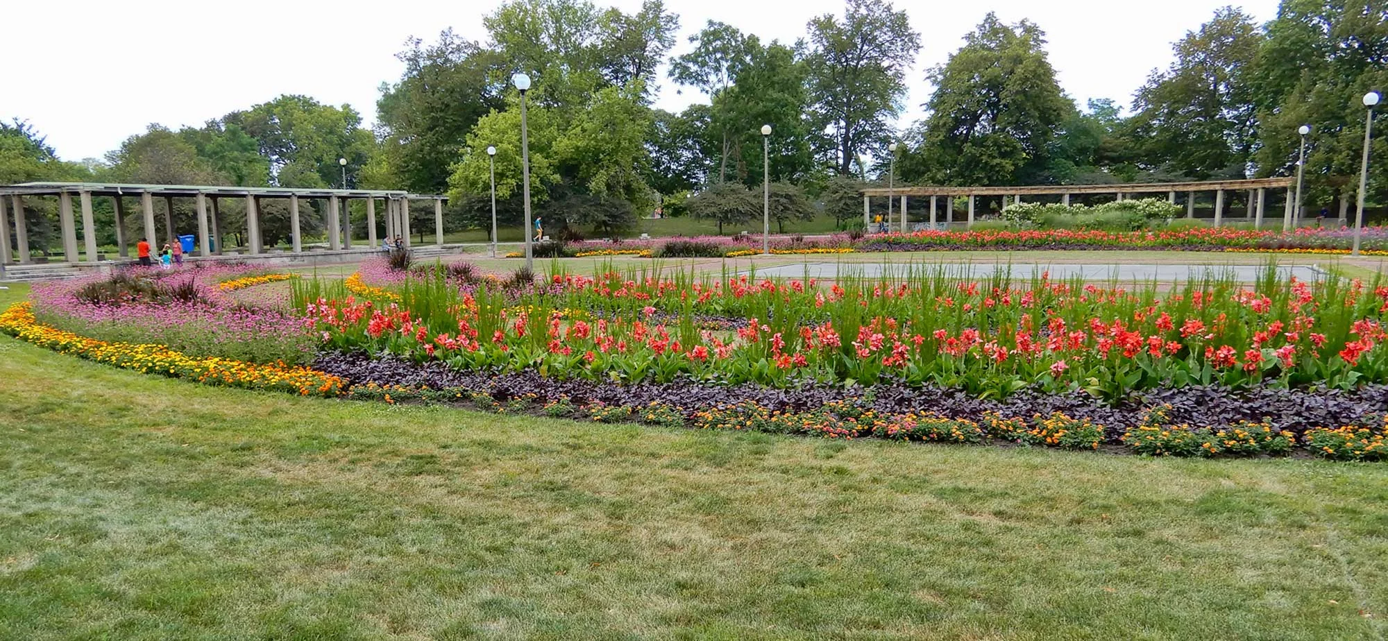 Historically, Humboldt Park’s Formal Garden featured five continuous rings of roses and other perennials, but now has only two rings of annual beds. 2017, photo by Julia Bachrach.