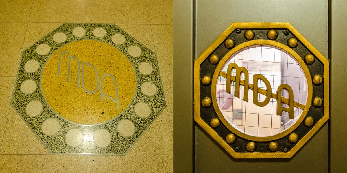 Interior decorative elements include the initials of the original Marine Drive Apartments name. Photos by Eric Allix Rogers, 2017.