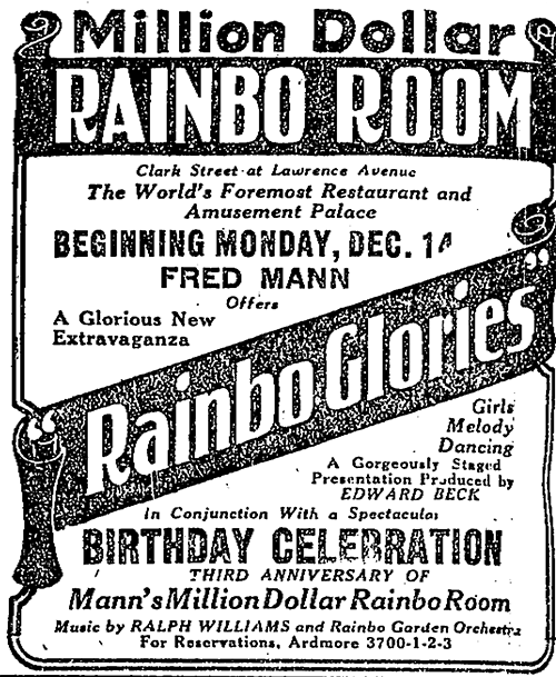 Advertisement for Rainbo Room at Clark Street and Lawrence Avenue, Chicago Daily Tribune , Dec. 13, 1925.