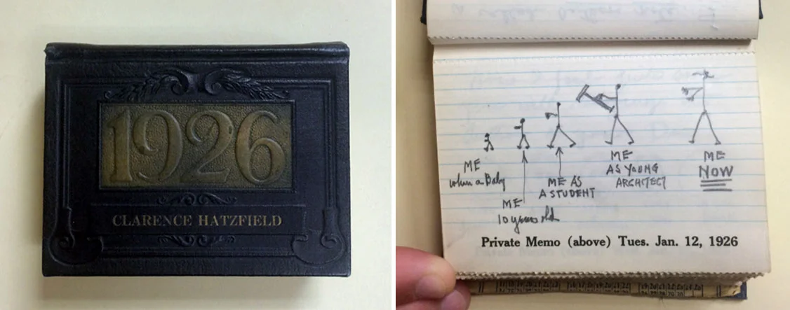 Clarence Hatzfeld made a little cartoon for his daughter, Beatrice, in this leather-bound 1926 calendar book he sent her as a Christmas greeting. Courtesy of Sandy Altman.