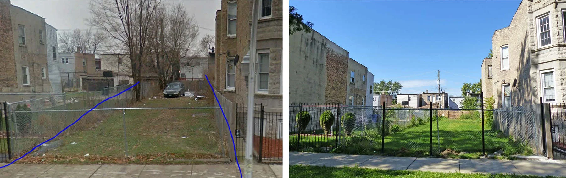 Before and after photos of a vacant lot in Englewood that benefited from the City of Chicago’s Large Lots Program, 2017.