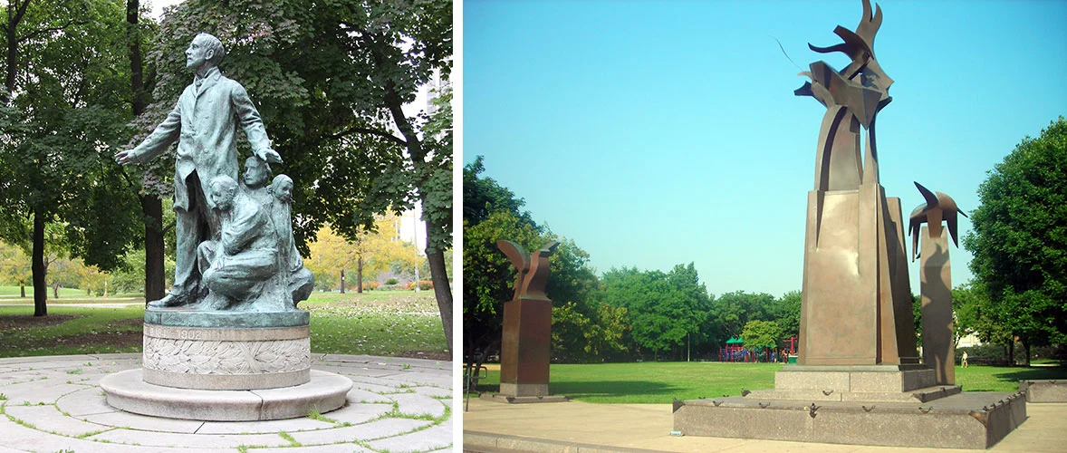 Left: Altgeld Monument in Lincoln Park. Photo by Julia Bachrach. Right: Eagle Columns , monument to John Peter Altgeld in Jonquil Park. Photo by Julia Bachrach.