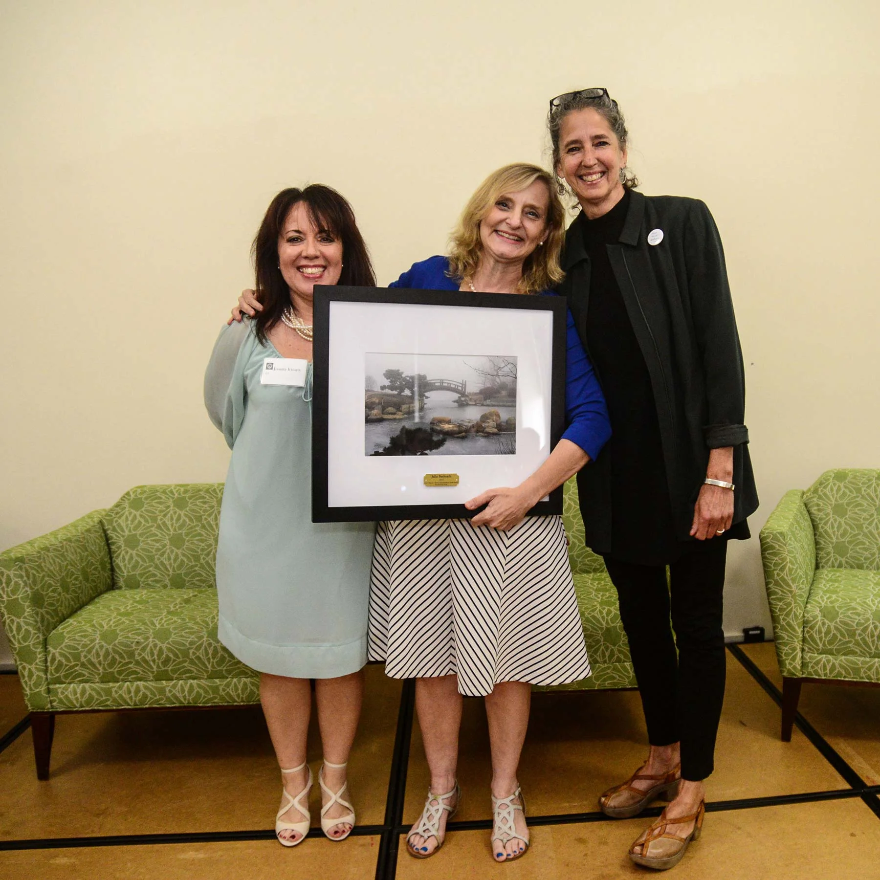 Julia Bachrach received the Friends of the Parks’ Leon Despres Lifetime Commitment to Parks Award , 2017. Juanita Irizzary is depicted on the left and Lauren Moltz, right. Photo by Charlie Billups.