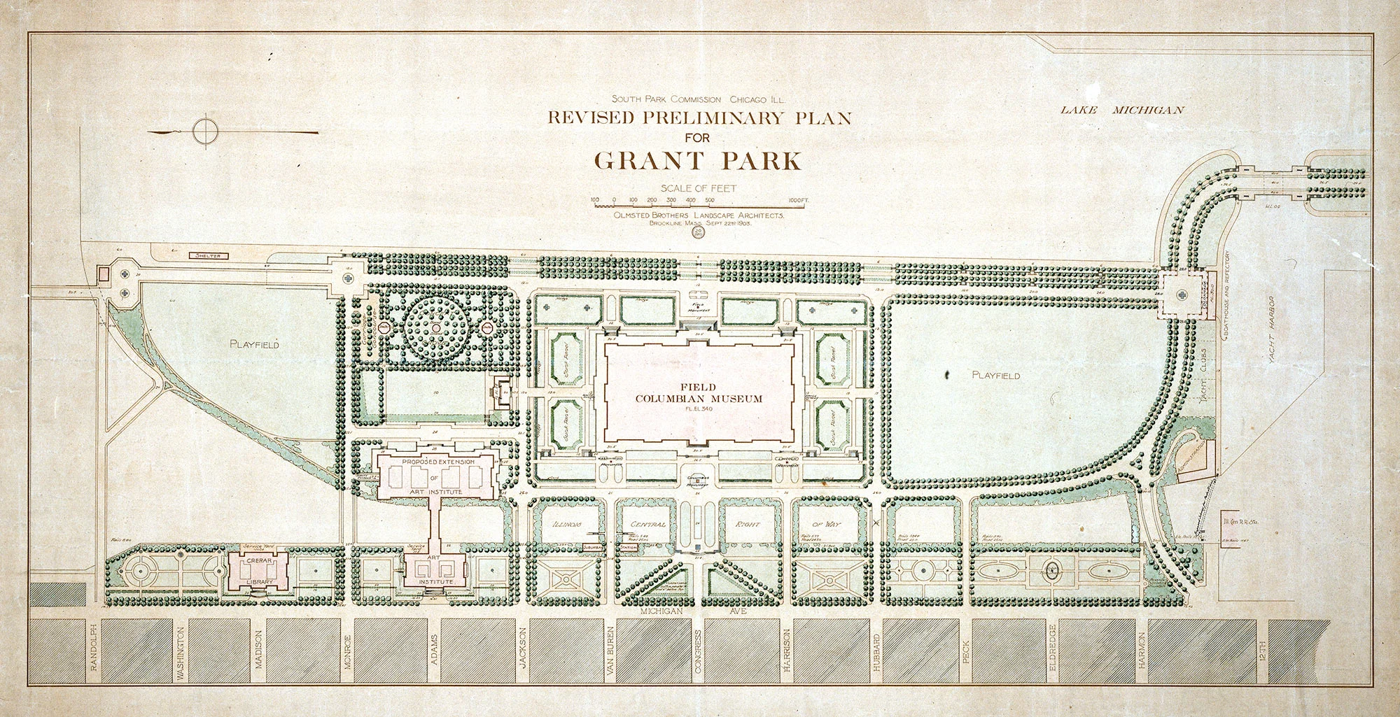 Revised Preliminary Plan for Grant Park, Olmsted Brothers, 1903. Chicago Park District Records: Drawings, Special Collections, Chicago Public Library.