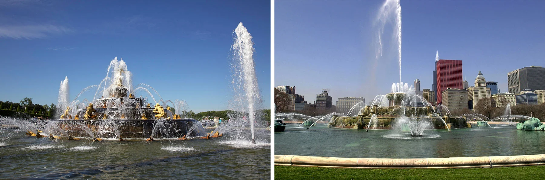 Left: Latona Basin, Gardens of Versailles, Courtesy of Wikimedia. Right: Clarence Buckingham Memorial Fountain, Photo by Julia Bachrach.