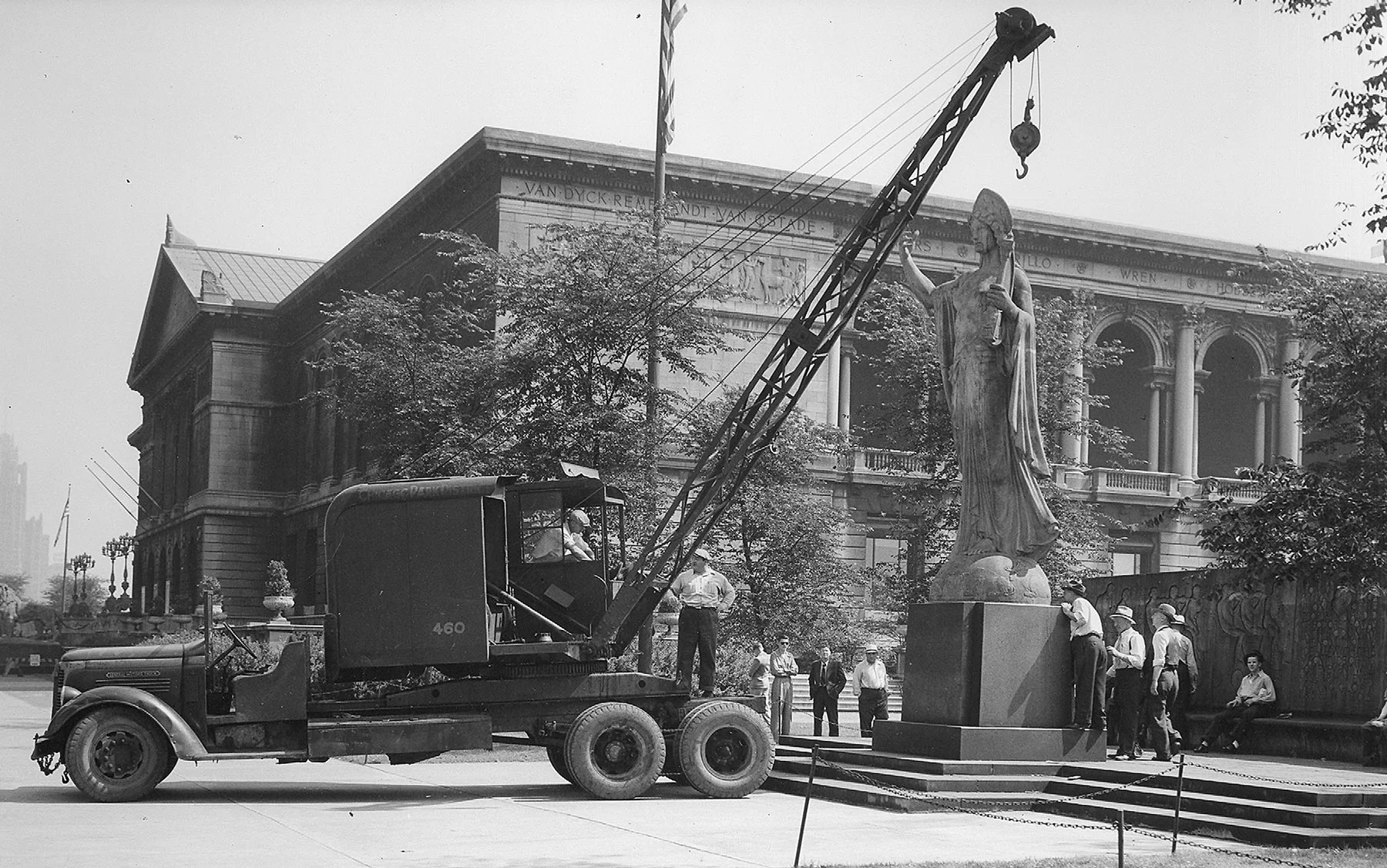 The Spirit of Music , originally installed near the Art Institute of Chicago’s South Garden in 1923, was moved for the first time in the early 1940s. Chicago Park District Records: Photographs, Special Collections, Chicago Public Library. 