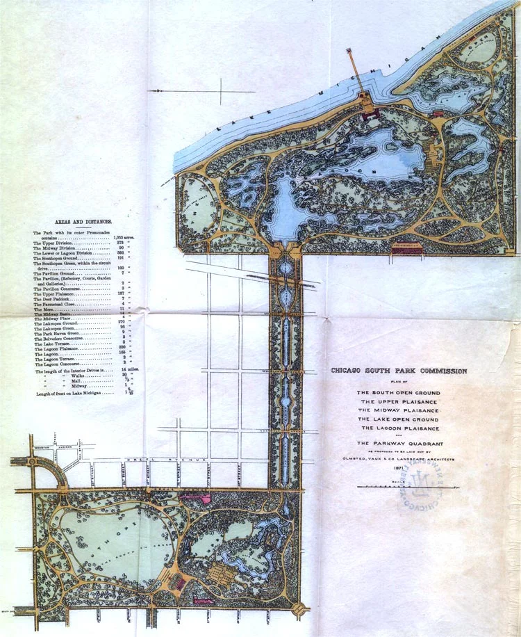 Plan of South Park (now Jackson and Washington Parks and Midway Plaisance), Olmsted & Vaux, 1871. Courtesy of Newberry Library.