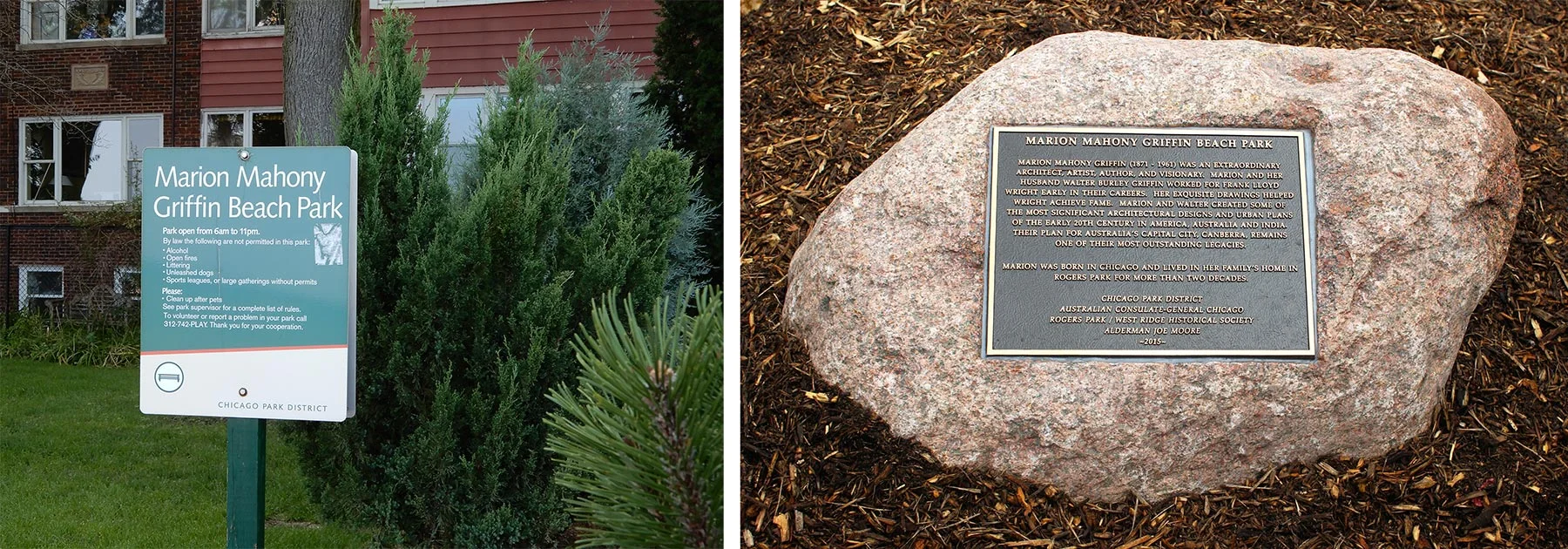 Left: Marion Mahony Griffin Park was dedicated in 2015 after several earlier failed attempts to name a park for her. Right: Boulder in Marion Mahony Griffin Park. Photo by Julia Bachrach.