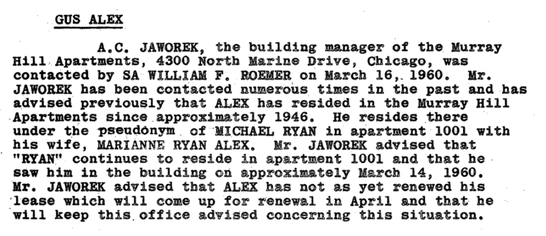 Excerpt of FBI report on Gus Alex, March 16, 1960. Available at: https://www.archives.gov/files/research/jfk/releases/docid-32306964.pdf