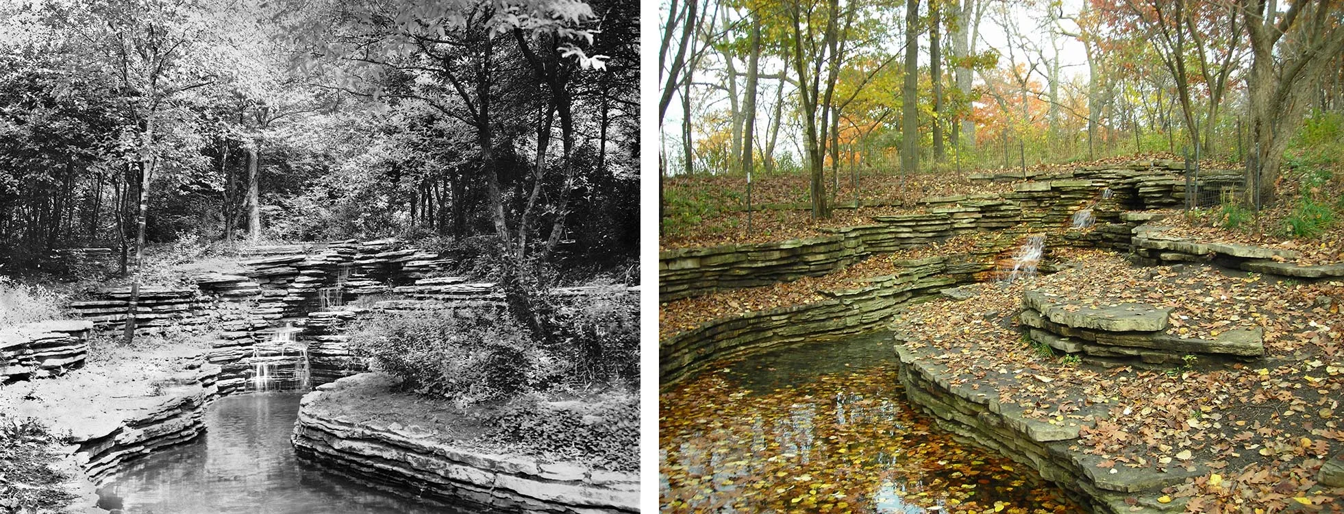 Left: View of Columbus Park Waterfall, ca. 1930. Chicago Park District Records: Photographs, Special Collections, Chicago Public Library. Right: View of Columbus Park Waterfall, 2017. Photo by Julia Bachrach.